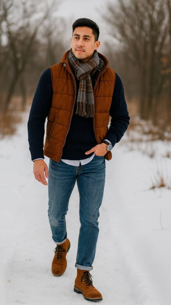 Rust Quilted Puffer Vest + Navy Ribbed Sweater + Grey Hoodie (Hood Showing) + Light Blue Cuffed Jeans + Brown Suede Lace-Up Boots + Plaid Scarf