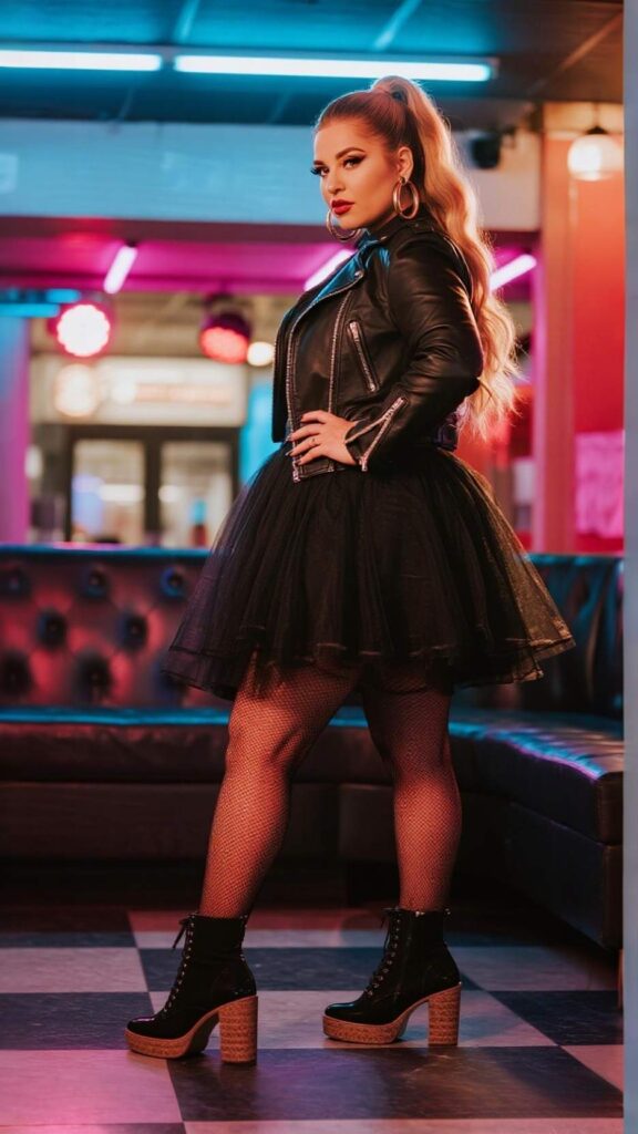 High pony + hoop earrings + tulle skater dress + cropped moto jacket + fishnet tights + block-heel ankle boots