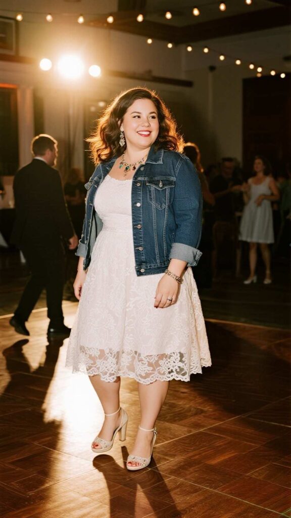 Soft waves + lace A-line dress + cropped denim jacket + charm bracelet + platform pumps