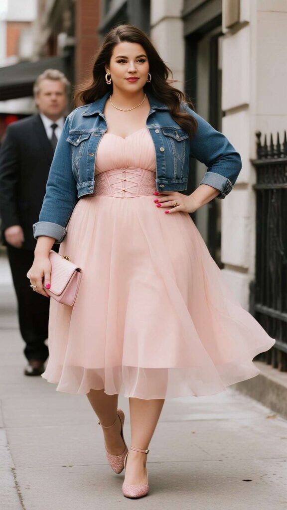 Sleek side part + huggie hoops + tennis necklace + cropped denim jacket + chiffon A-line dress + corset-style belt + wristlet + pastel manicure + sheer tights + kitten heels