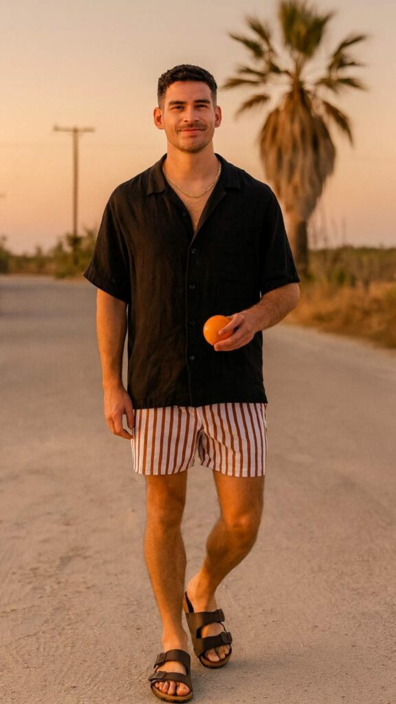 Navy Short Sleeve Shirt + Striped Swim Shorts + Black Sandals + Necklace
