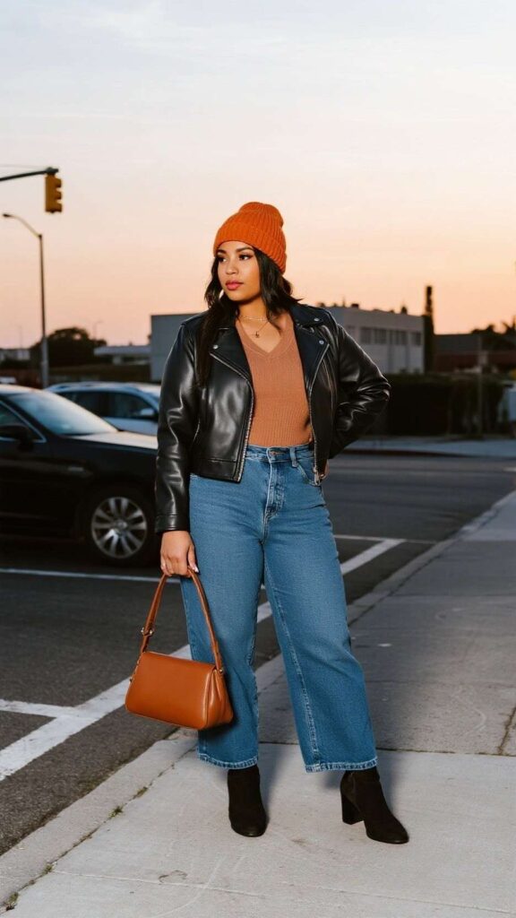 Ribbed Beanie + Leather Moto Jacket + Henley Knit + Wide-Leg Jeans + Heeled Chelsea Boots + Satchel
