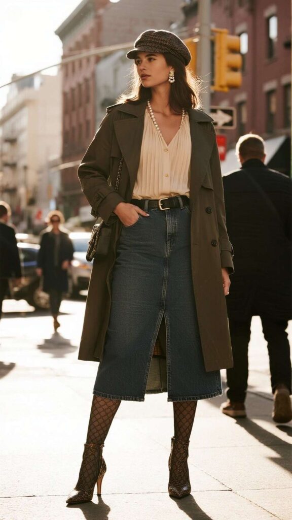 Newsboy Cap + Trench Coat + Pleated Chiffon Blouse + High-Slit Denim Midi Skirt + Patterned Tights + Pointed-Toe Ankle Boots + Belt Bag + Pearl Earrings