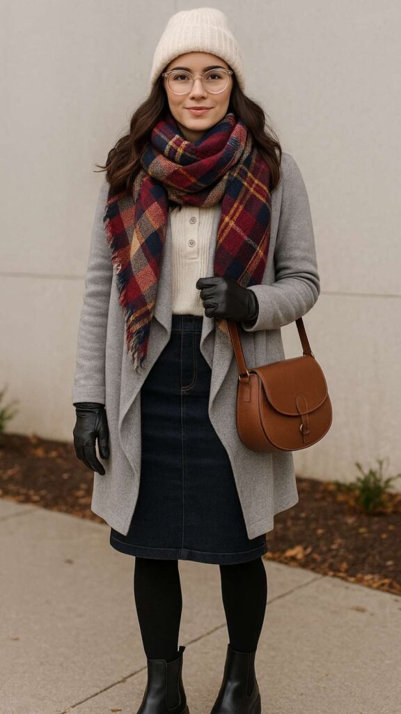 Ribbed Beanie + Clear-Frame Glasses + Waterfall Cardigan + Waffle-Knit Henley + Stretch Dark Jean Pencil Skirt + Fleece-Lined Tights + Lug-Sole Chelsea Boots + Blanket Scarf + Saddle Bag + Leather Gloves