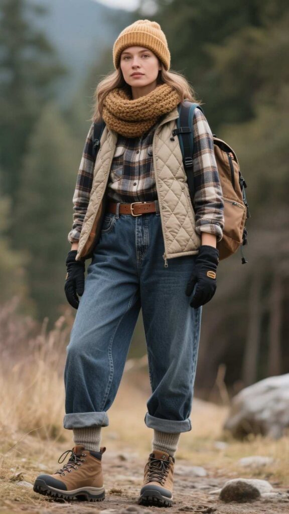 Beanie + flannel shirt + lightweight quilted liner jacket + wide-leg jeans + leather belt + lug-sole hiking boots + compact backpack + chunky knit scarf + tech gloves + wool socks