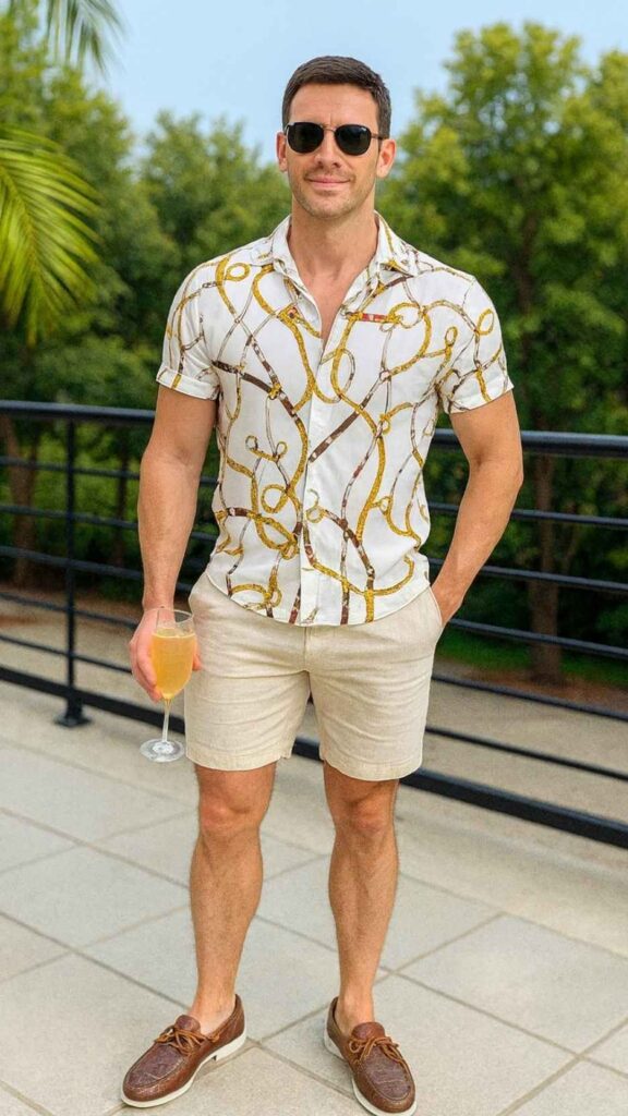 White Chain-Print Shirt + Linen Beige Shorts + Brown Boat Shoes + Black Watch