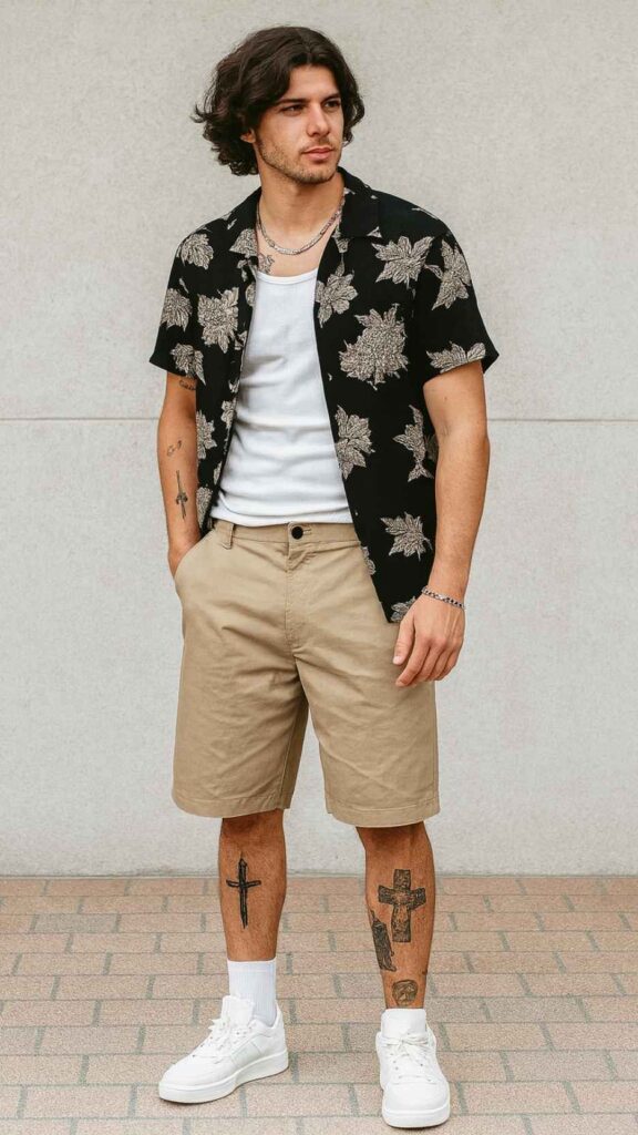 Black Floral Open Shirt + White Tank + Khaki Bermuda Shorts + White Low-Top Sneakers