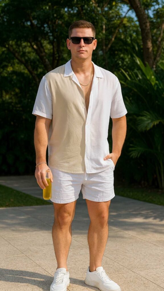 Color-Block Shirt + White Swim Shorts + White Sneakers