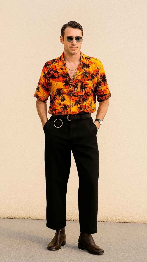 Sunset Palm Print Shirt + Black Cropped Trousers + Black Chelsea Boots + O-Ring Belt