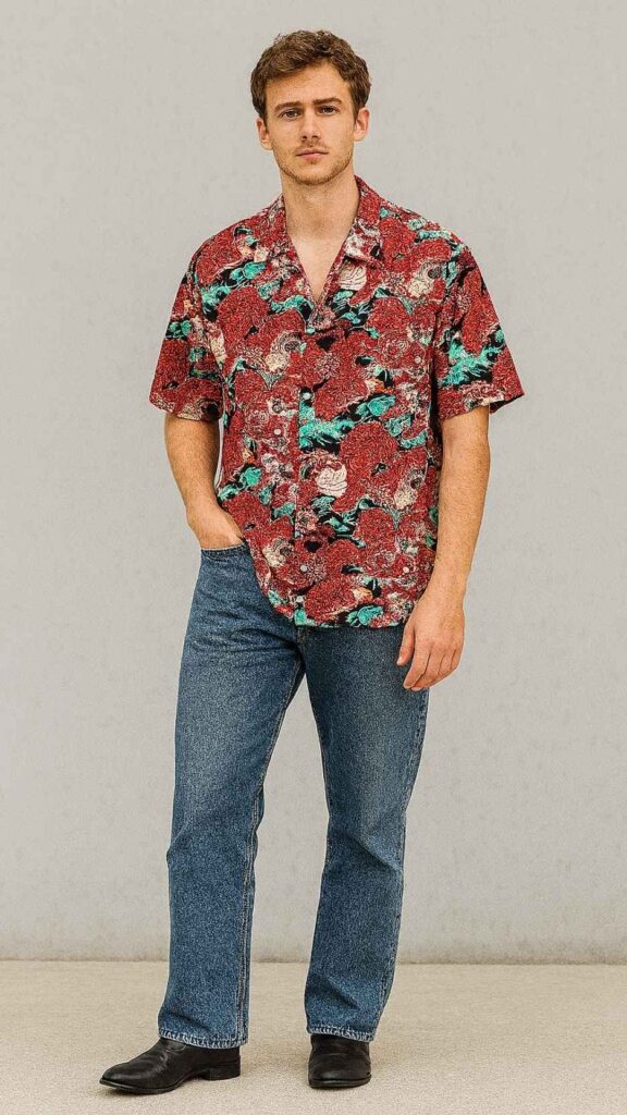 Red Tiger-Motif Camp Shirt + Straight-Leg Mid-Wash Jeans + Black Leather Square-Toe Boots