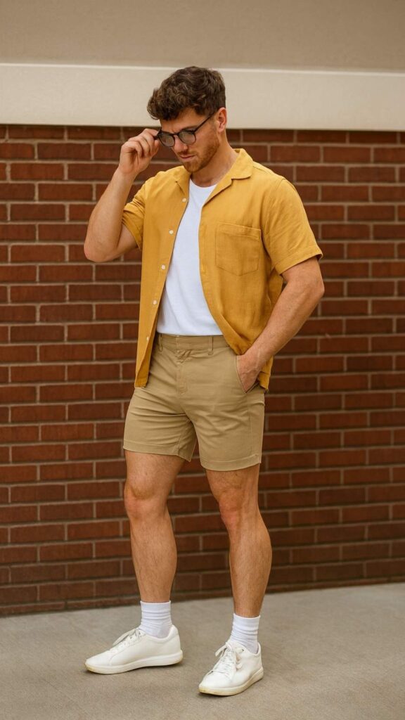 Mustard Open Shirt + White Crew Tee + Khaki Cuffed Shorts + White Canvas Sneakers + Clear Frames