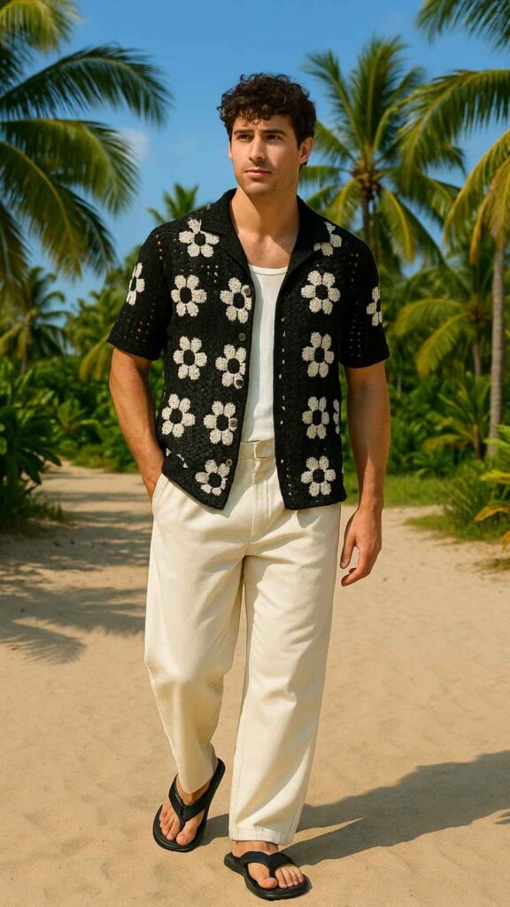 Black Daisy Crochet Shirt + White Rib Tank + Ecru Pleated Trousers + Black Web Sandals