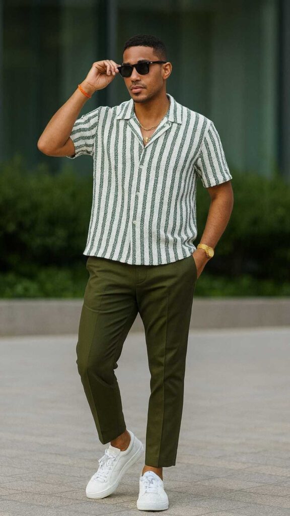 White/Green Micro-Striped Camp-Collar Short Sleeve Shirt + Dark-Olive Cropped Trousers + White Minimalist Sneakers + Black Sunglasses + Bracelets + Thin Necklace