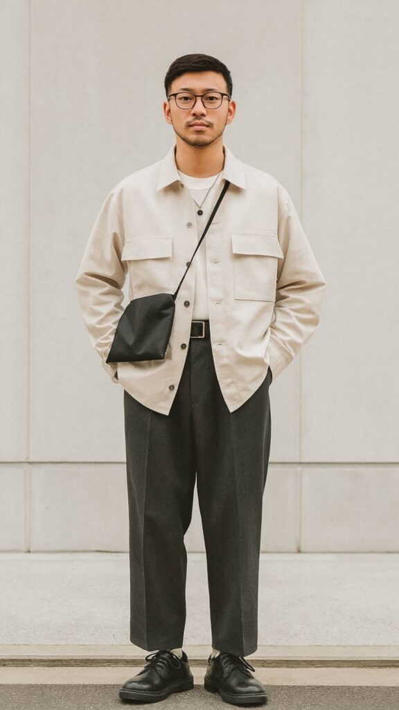 Beige Utility Overshirt + White Tee + Charcoal Pleated Trousers + Black Derby Shoes + Black Crossbody Pouch + Necklace