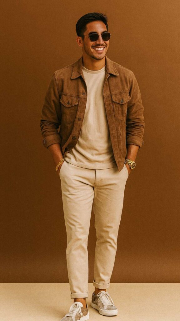 Brown Suede Trucker Jacket + Beige Tee + Beige Chinos (Cuffed) + Tan/White Patterned Sneakers