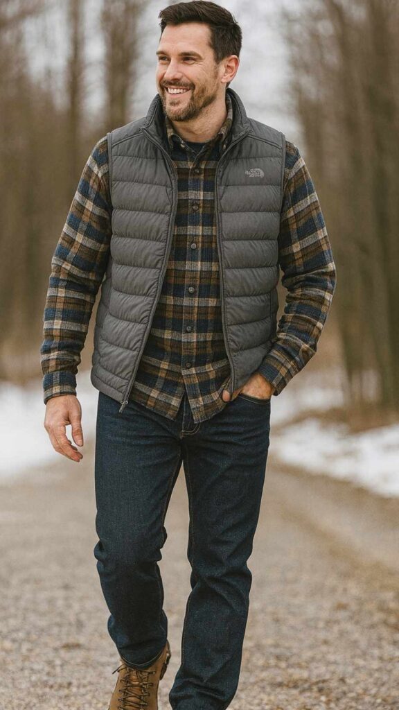 Gray Puffer Vest + Navy/Ochre Plaid Flannel + Dark Jeans + Taupe Hiking Boots + Field Watch