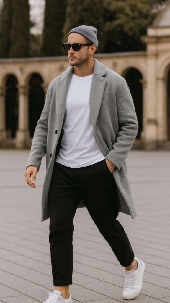 Light-Gray Overcoat + White Crewneck Tee + Black Tapered Joggers + White Minimalist Sneakers + Light-Gray Beanie + Sunglasses