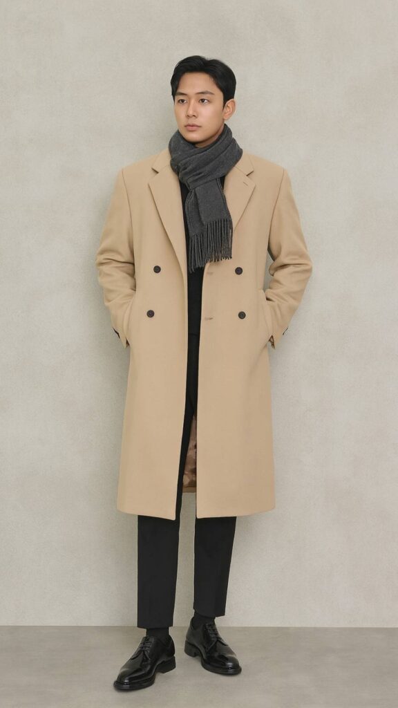 Evening Commuter Layers – Beige Double-Breasted Coat + Chunky Grey Scarf + Black Trousers + Black Leather Derby Shoes