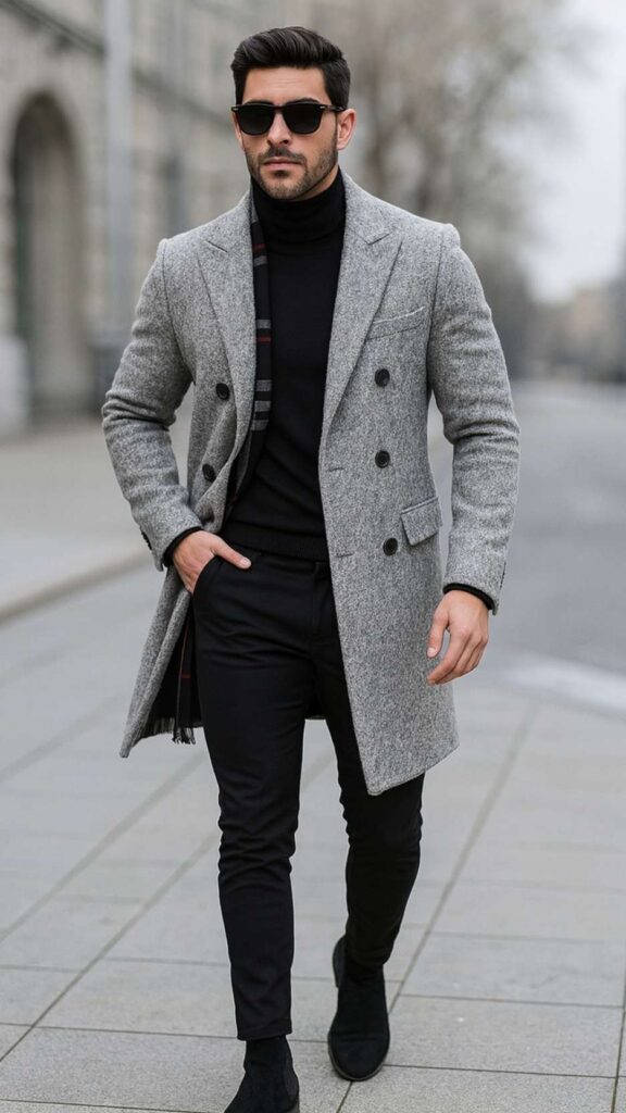 Light Grey Speckled Double-Breasted Coat + Black Turtleneck + Black Skinny Jeans + Black Suede Chelsea Boots + Check Scarf