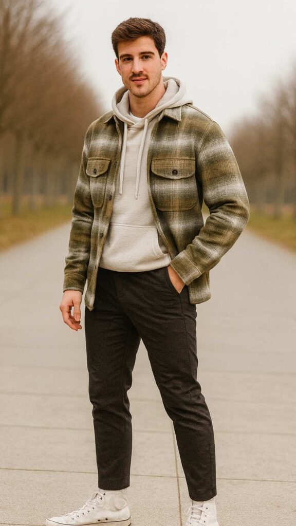 Olive Plaid Overshirt + Light Grey Hoodie + Charcoal Drawstring Trousers + White High-Top Sneakers