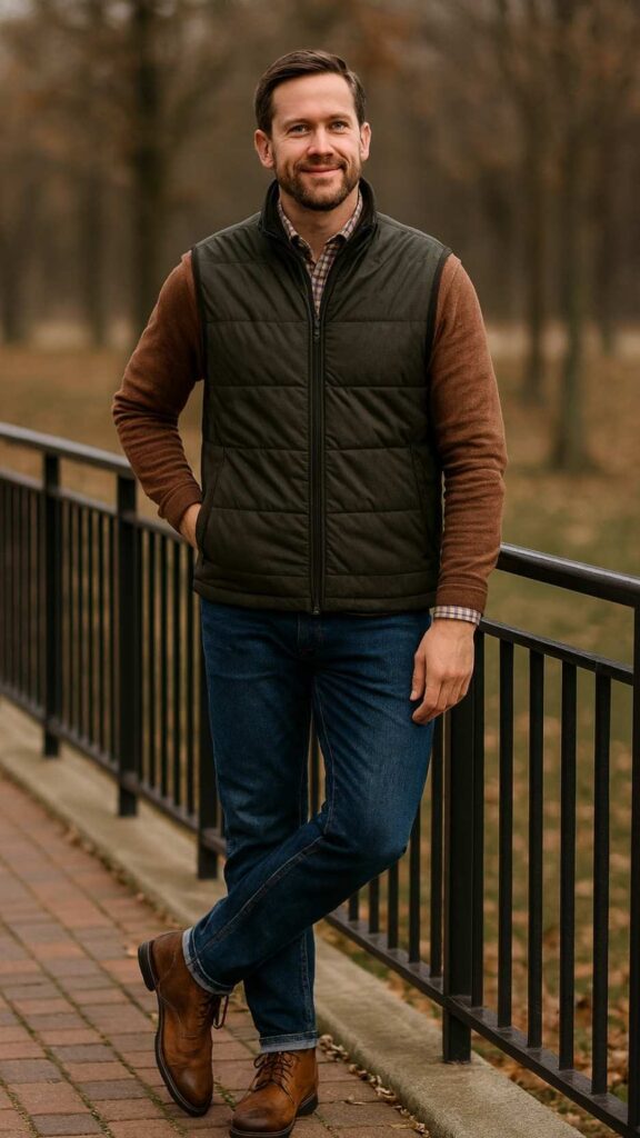 Dark Olive Quilted Vest + Heather Brown Crewneck Sweater + Mid-Blue Straight Jeans + Brown Leather Derby Boots