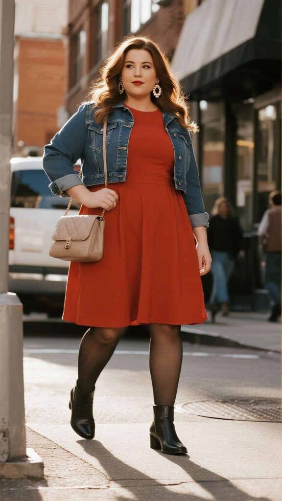 Side-Part Waves + Chandelier Earrings + Jersey Skater Dress + Cropped Denim Jacket + Compact Crossbody + Opaque Tights + Chelsea Boots