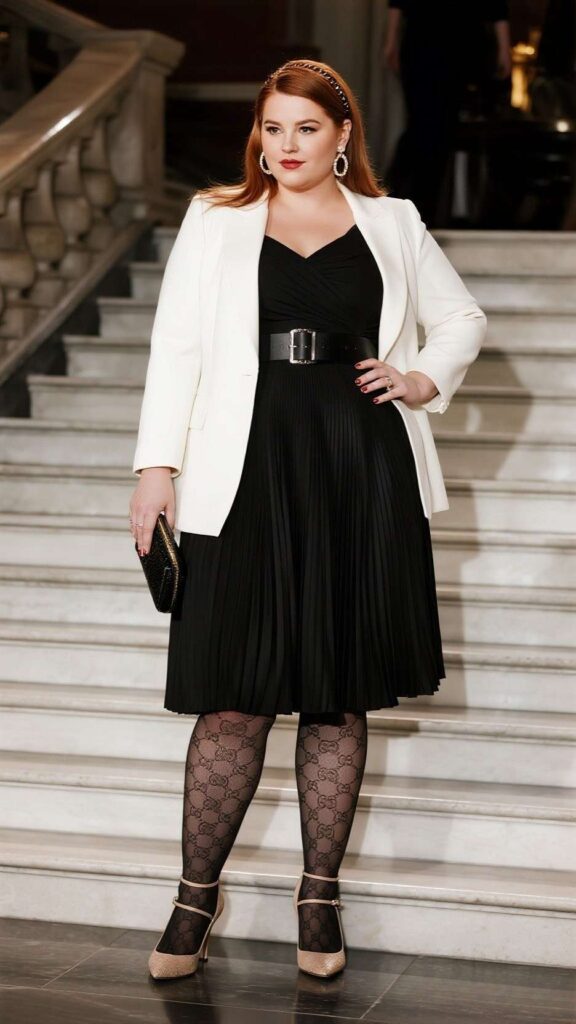 Side-Part Combs + Huggie Hoops + Longline Belted Blazer + Pleated Black HOCO Dress + Patterned Tights + Almond-Toe Heels + Wristlet