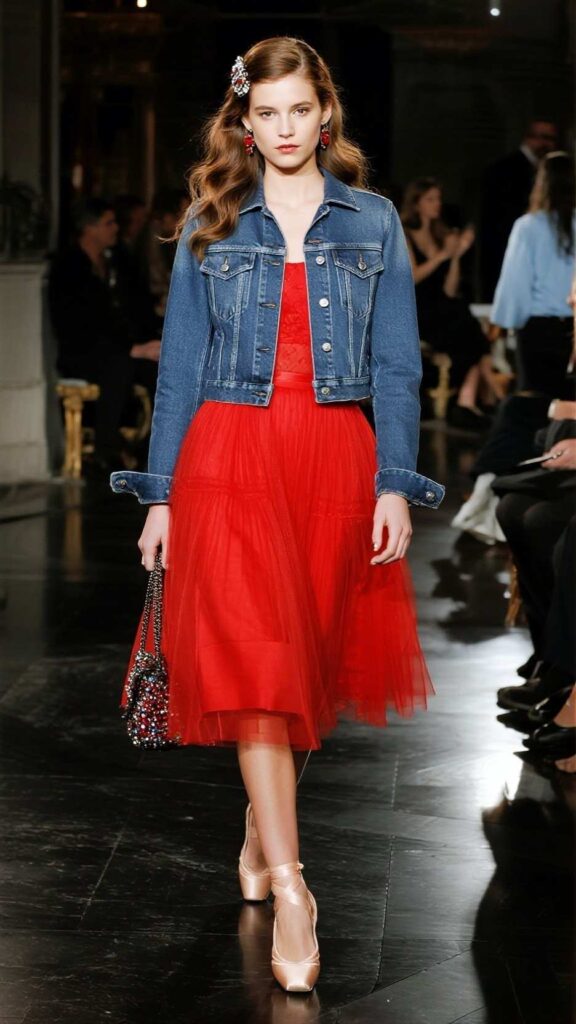 Loose Waves + Statement Barrette + Red Tulle A-Line + Cropped Denim Jacket + Beaded Bag + Ballet Flats
