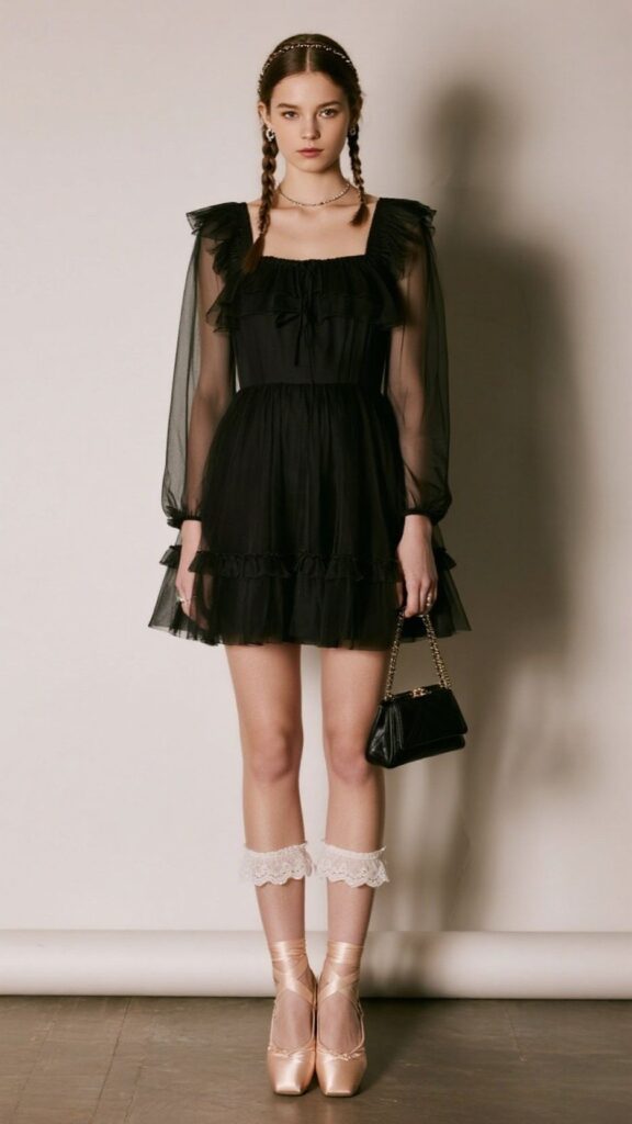 Braided crown + Minimal studs + Delicate lariat + Sheer mesh shrug + Ruffled tulle babydoll dress + Mini baguette bag + Lace-trim ankle socks + Ballet flats