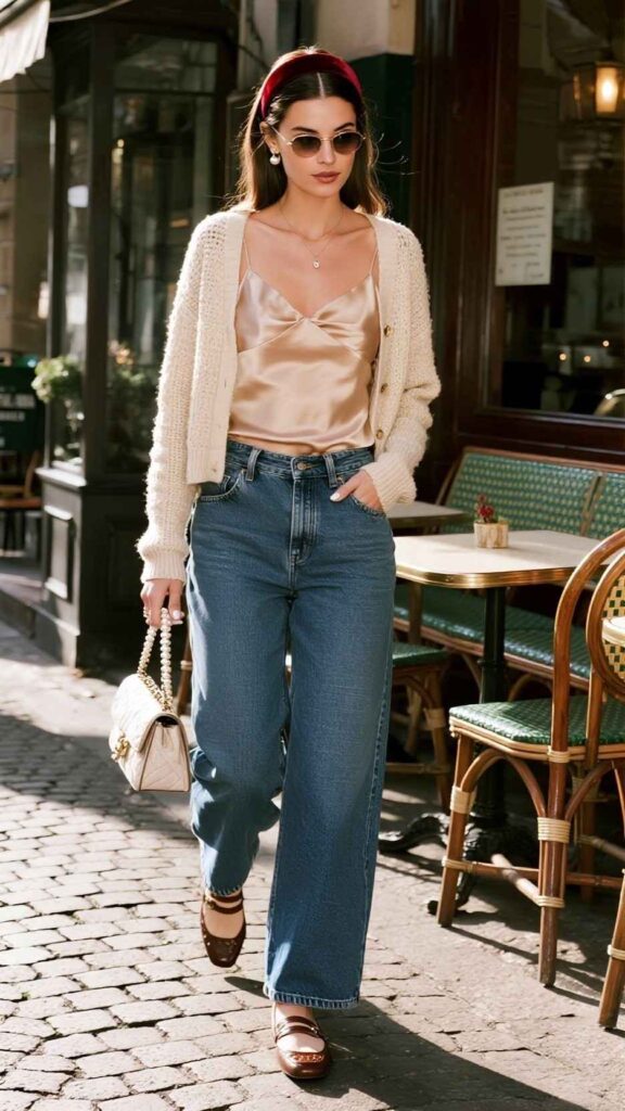 Velvet Headband + Cropped Cardigan + Satin Camisole + Wide-Leg Jeans + Penny Loafers + Mini Shoulder Bag + Pearl Studs
