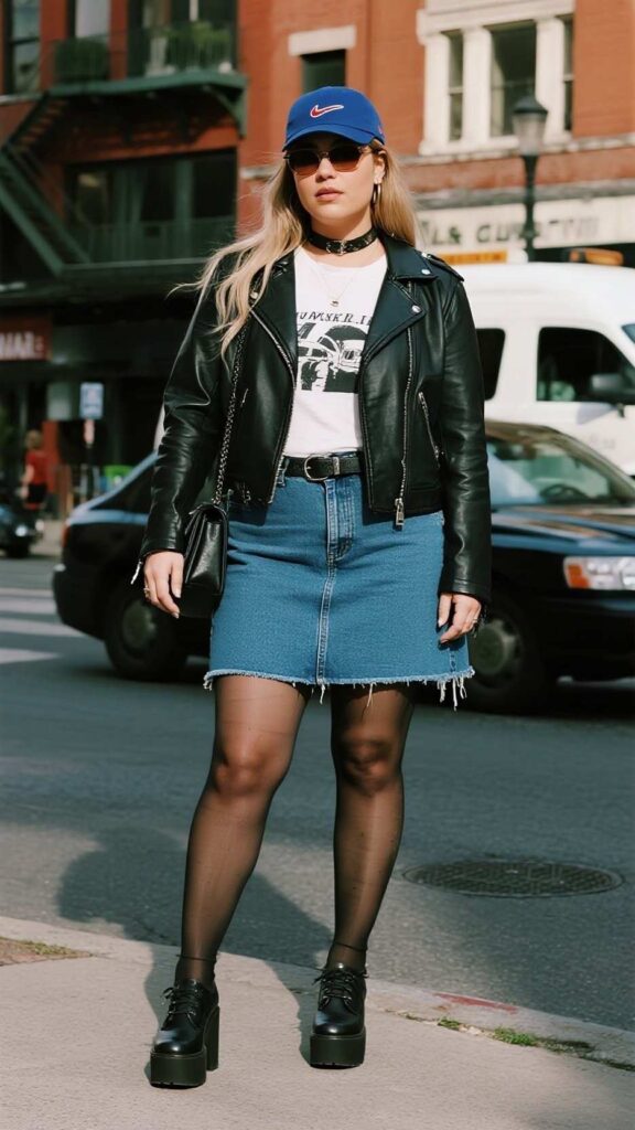 Baseball Cap + Cropped Moto Jacket + Graphic Tee + Raw-Hem Denim Mini Skirt + Sheer Black Tights + Platform Mary Janes + Mini Shoulder Bag + Choker Necklace