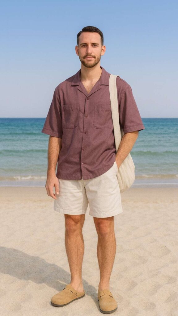 Mauve Short Sleeve Shirt + White Shorts + Beige Suede Clogs + Canvas Shoulder Bag