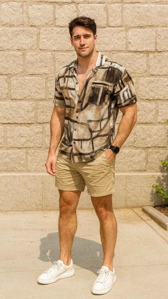 Neutral Graphic Shirt + Khaki Shorts + White Sneakers + Black Watch