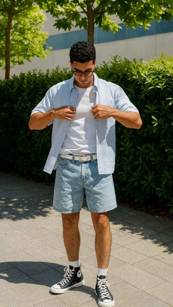 Sky-Blue Striped Shirt + White Tee + Light Denim Shorts + Black High-Top Converse
