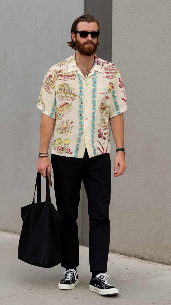 Cream Tiki Graphic Shirt + Black Straight-Leg Trousers + Black Canvas Sneakers + Black Tote
