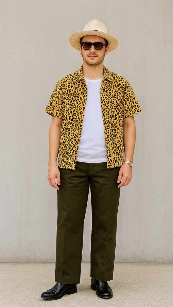Straw Fedora + Tortoiseshell Sunglasses + Leopard Print Shirt (Open) + White Crew Tee + Olive Twill Trousers + Black Chelsea Boots