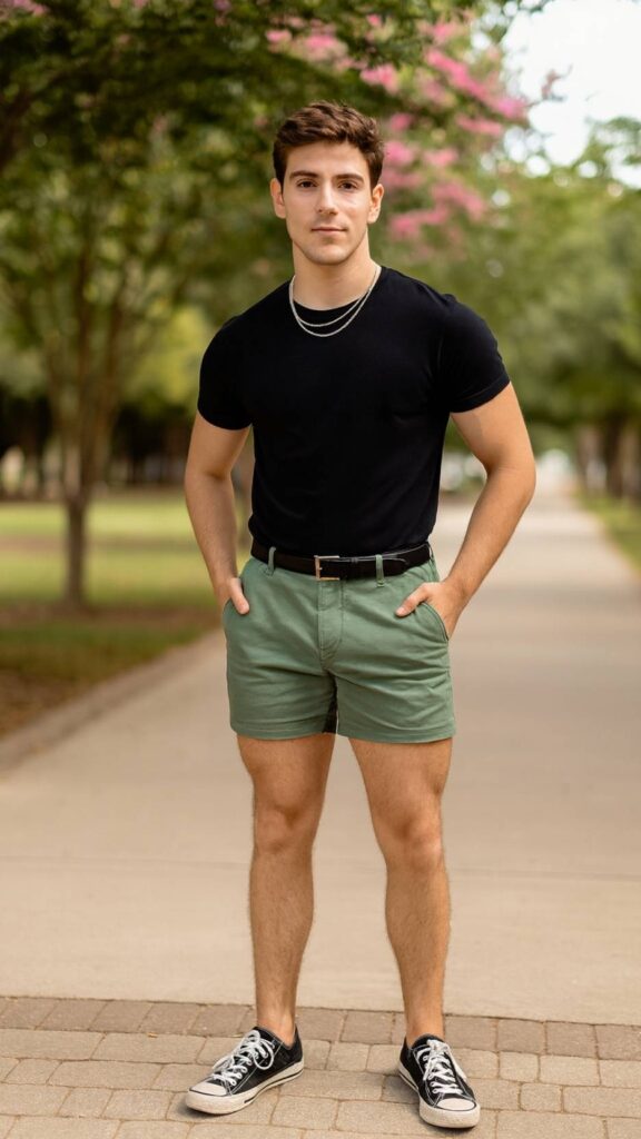 Black Fitted Tee + Sage Green Belted Shorts + Black Low-Top Converse + Silver Chain