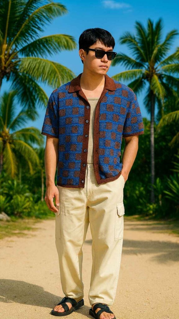 Black Rectangle Sunglasses + Blue-Brown Checkerboard Knit Shirt + Tan Rib Tank + Beige Cargo Pants + Black Leather Sandals