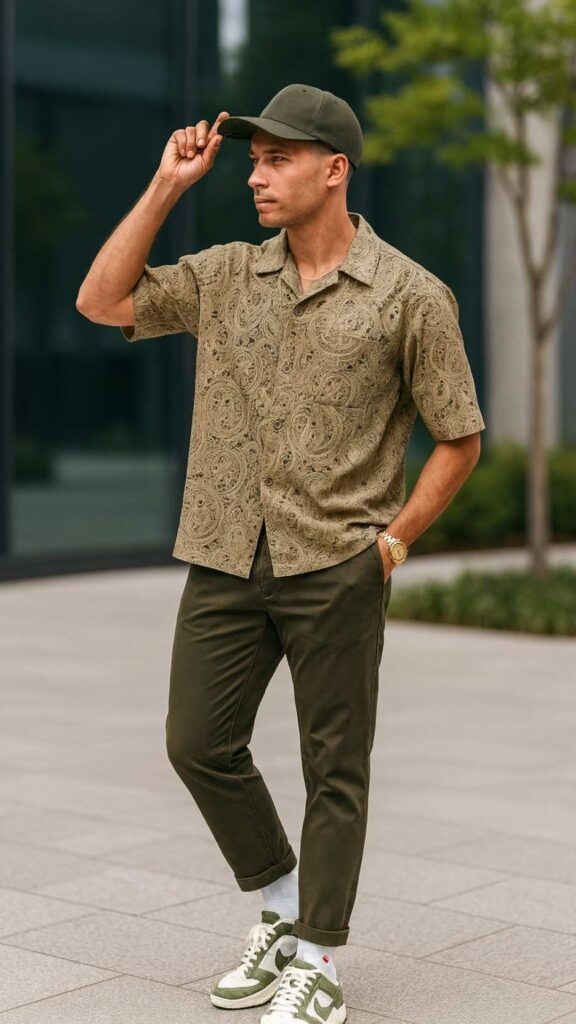 Tan Paisley Short-Sleeve Shirt + Dark-Olive Cropped Trousers + Green/White Sneakers + Green Baseball Cap + Watch + Chain