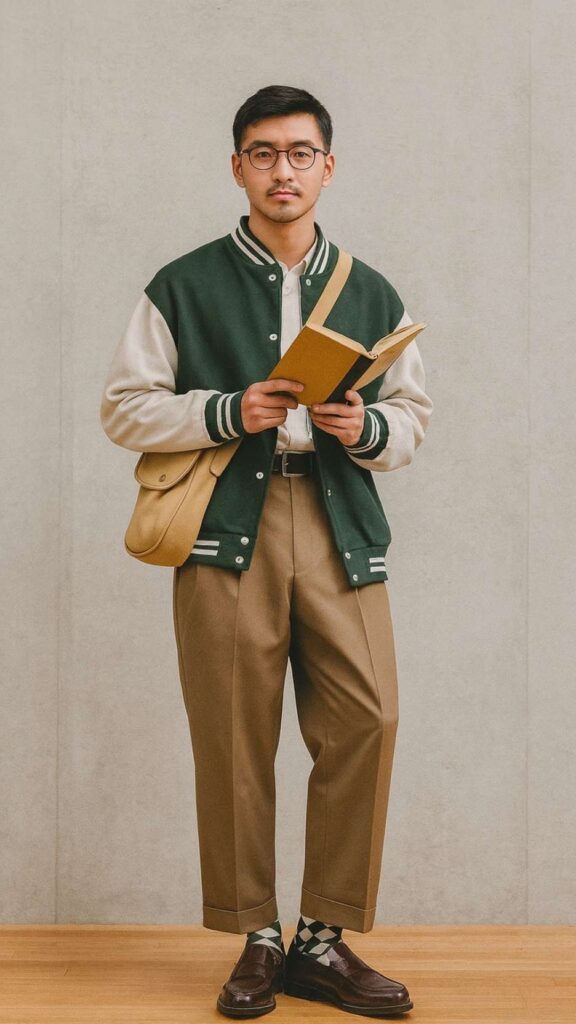Green Varsity Jacket + White Oxford Shirt + Khaki Pleated Trousers + Burgundy Loafers + Striped Socks + Tan Messenger Bag