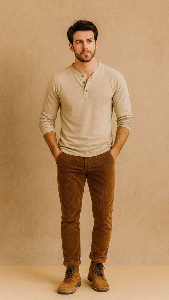 Sand Long-Sleeve Henley + Caramel Corduroy Jeans + Tan Suede Work Boots