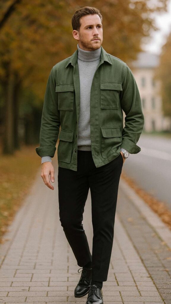 Olive Field Jacket + Light Gray Turtleneck + Black Tailored Trousers + Black Leather Derby Shoes + Silver Watch