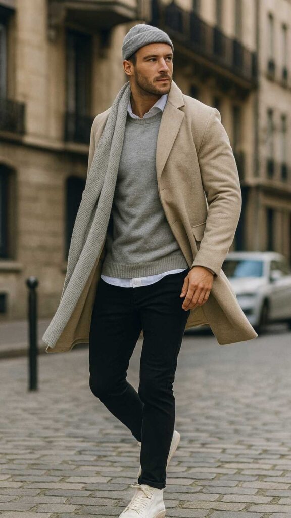 Beige Topcoat + Gray Knit Sweater Over White Shirt + Long Gray Scarf + Black Skinny Jeans + White High-Top Sneakers + Light-Gray Beanie
