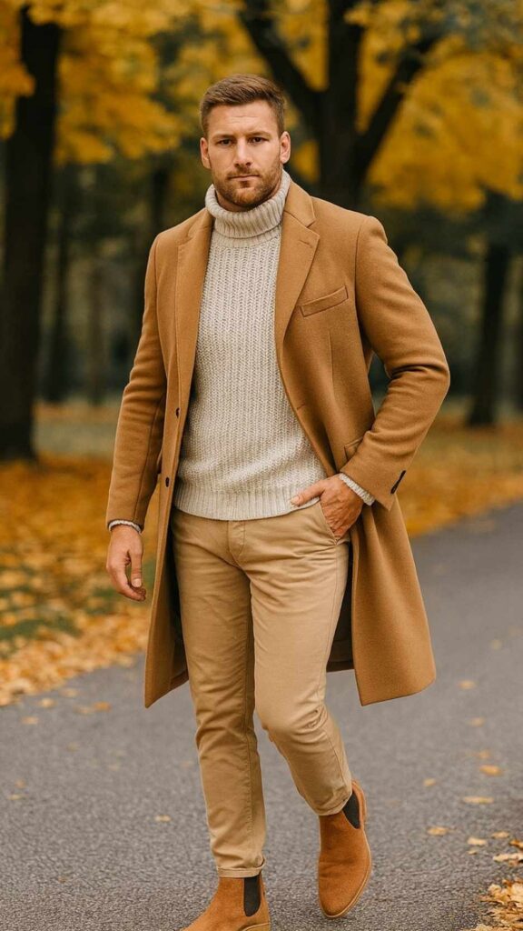 Park-Path Neutrals – Camel Overcoat + Chunky Cream Knit + Beige Chinos + Tan Suede Chelsea Boots