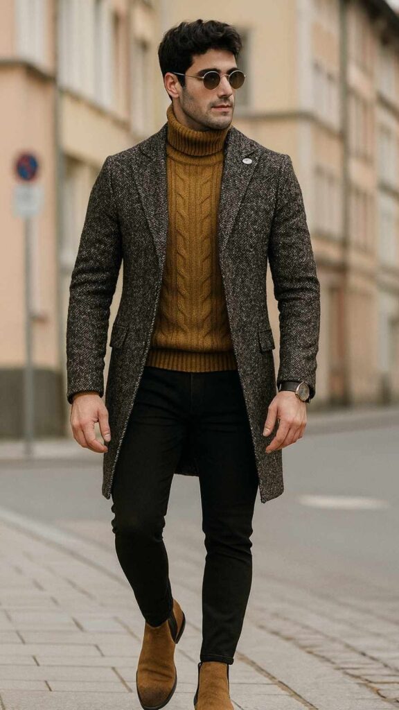 Grey Herringbone Coat + Mustard Turtleneck + Black Skinny Jeans + Tan Suede Chelsea Boots + Round Sunglasses