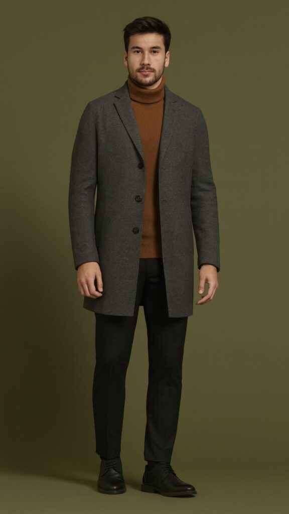 Mid-Grey Single-Breasted Overcoat + Camel Turtleneck + Light Grey Shirt Hem + Black Slim Trousers + Black Leather Derby Shoes