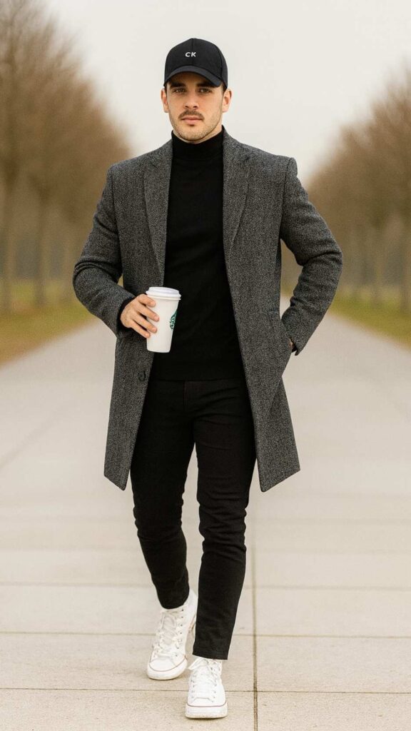 Grey Herringbone Overcoat + Black Turtleneck + Black Skinny Jeans + White High-Top Sneakers + Black Baseball Cap
