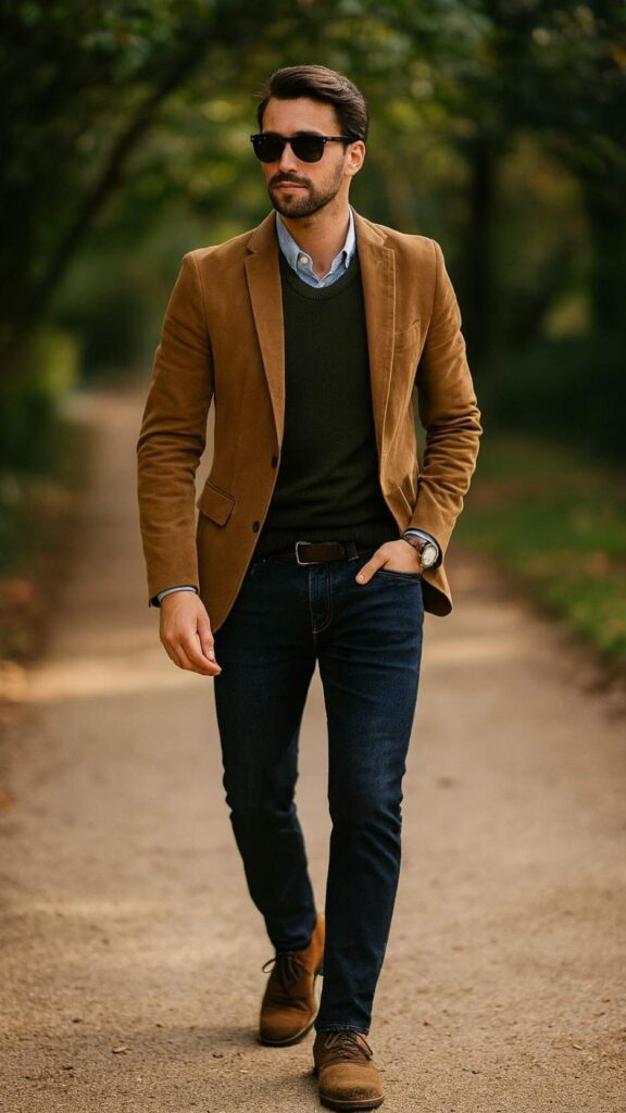 Camel Blazer + Olive Crewneck Sweater + White/Blue Micro-Stripe Shirt + Dark Indigo Jeans + Brown Suede Brogues