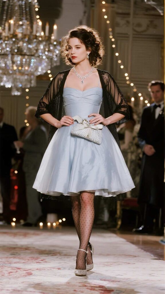 Soft Curls + Crystal Drops + Lariat Necklace + Beaded Mesh Shrug + Sweetheart-Bodice Dress + Sheer Dotted Tights + Pointed-Toe Pumps + Satin Bow Clutch