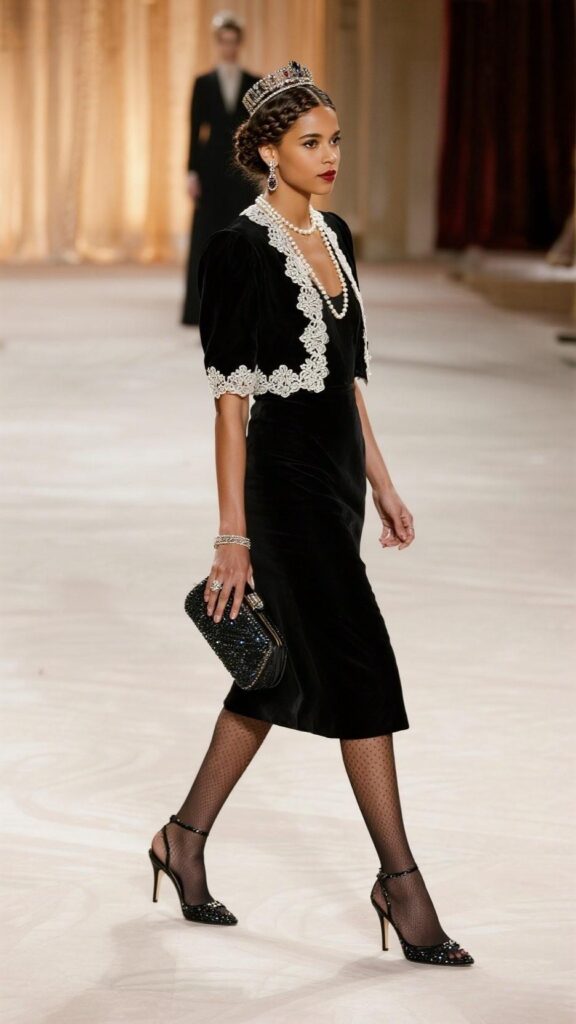 Braided Crown + Pearl Drops + Lace Bolero + Lace-Trim Black HOCO Dress + Dotted Sheer Tights + Kitten-Heel Slingbacks + Beaded Clutch